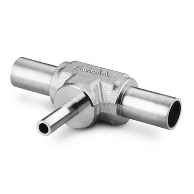 Te União de Redução em Aço Inoxidável 316L, Métrico, Extremidades: Conexão para Solda de Topo para Tubing (TBW) de 12 mm OD (DE) X Perna Central de 6 mm OD (DE) (vide MS-01-149)