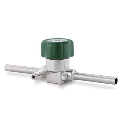 Válvula Diafragma em Aço Inoxidável 316L Série LD, para Serviço de Gás, Corpo Fundido, Extremidades: Tubo de 1/2?, espessura de parede de 0,049?, com extensão de 3?, para Solda de Topo para Tubing (TBW), Porta para Purga somente à Jusante com conexão