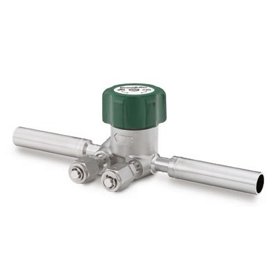 Válvula Diafragma em Aço Inoxidável 316L Série LD, Corpo Forjado, para Serviço de Gás, Extremidade: Tubo de 3/8?, espessura de parede de 0,049?, com extensão de 3?, para Solda de Topo para Tubing (TBW), Porta para Purga à Montante e à Jusante com con