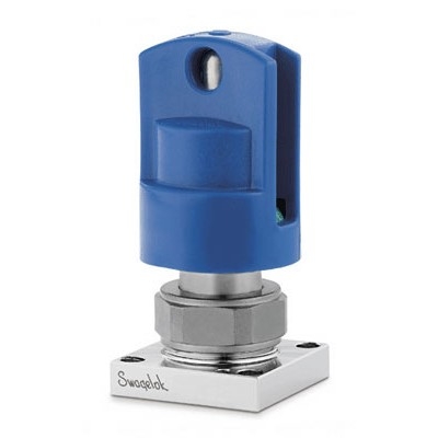 Válvula Diafragma sem Molas em Aço Inoxidável 316L VIM/VAR UHP Série DP, Extremidades: 2 Portas para Montagem em Superfície, Limpeza SC-01, Manopla com Trava na Cor Azul (vide MS-01-165 e MS-02-135)