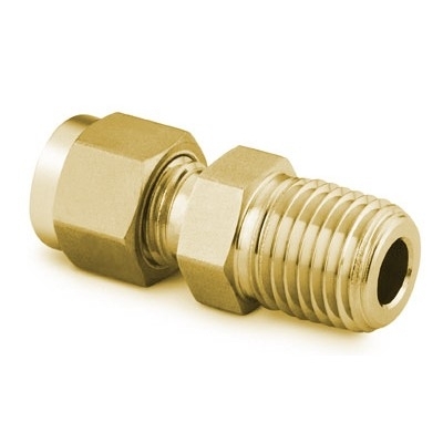Conexão Macho em Latão com Furo Passante (para Termopar, Tubos de Imersão e Tes Trocadores de Calor), Extremidades: Conexão Swagelok (Dupla Anilha) para Tubo de 1/16? OD (DE) X Rosca NPT Macho de 1/16? (vide MS-01-140)