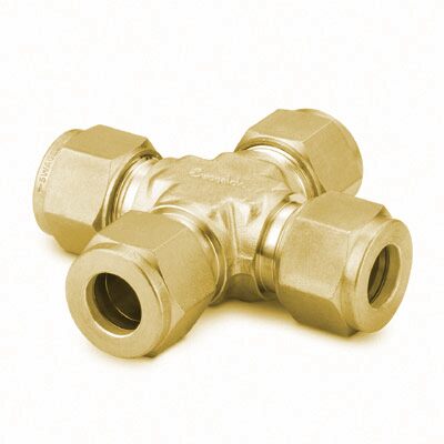 Cruzeta União em Latão, Extremidades: Conexão Swagelok (Dupla Anilha) para Tubo de 10 mm OD (DE) (vide MS-01-140)