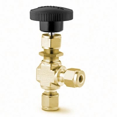 Válvula Agulha em Latão Séries O, 1, 18, 20 e 26, Castelo Integral, em Ângulo, Haste de Regulagem, Extremidades: Conexão Swagelok (Dupla Anilha) para Tubo de 6 mm OD (DE) (vide MS-01-164)