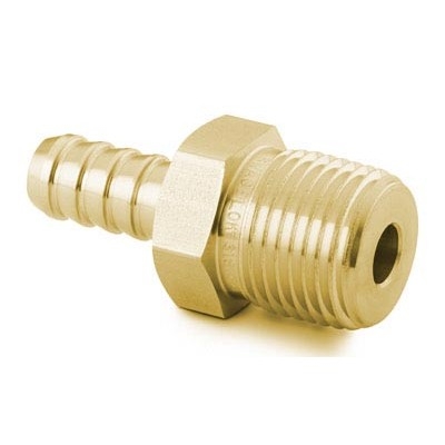 Conexão Macho em Latão para Mangueira, Extremidades: Espiga para Mangueira de 1/8" ID (DI) X Rosca NPT Macho de 1/8” (vide MS-01-27)
