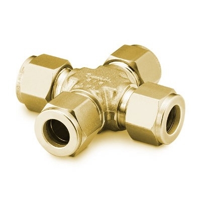 Cruzeta União em Latão, Extremidades: Conexão Swagelok (Dupla Anilha) para Tubo de 1/8" OD (DE) (vide MS-01-140)