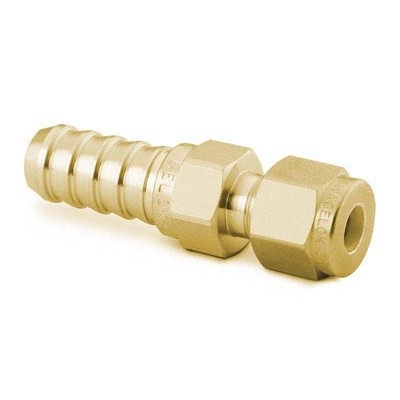 Conexão em Latão para Mangueira, Extremidades: Espiga para Mangueira de 1/4" X Conexão Swagelok (Dupla Anilha) para Tubo de 1/4", (vide MS-01-27)