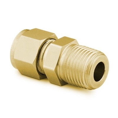 Conexão Macho em Latão, Extremidades: Conexão Swagelok (Dupla Anilha) para Tubo de 1/4" OD (DE) X Rosca NPT Macho de 1/16" (vide MS-01-140)