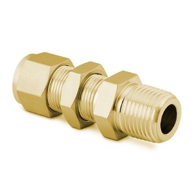 União para Painel em Latão, Extremidades: Conexão Swagelok (Dupla Anilha) para Tubo de 1/4" OD (DE) X Rosca NPT Macho de 1/8" (vide MS-01-140)