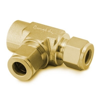 Te Femea Lateral em Latão, Extremidades: Conexão Swagelok (Dupla Anilha) para Tubo de 1/4" OD (DE) X Rosca NPT Femea de 1/8" X Conexão Swagelok (Dupla Anilha) para Tubo de 1/4" OD (DE) (vide MS-01-140)