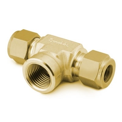 Te Femea Central em Latão, Extremidades: Conexão Swagelok (Dupla Anilha) para Tubo de 1/4" OD (DE) X Conexão Swagelok (Dupla Anilha) para Tubo de 1/4" OD (DE) X Conexão Swagelok (Dupla Anilha) para Tubo de 1/4" OD (DE) X Rosca NPT Femea de 1/8" (vide