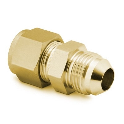 União em Latão, Extremidades: Conexão Swagelok (Dupla Anilha) para Tubo de 1/4" OD (DE) X Rosca AN (JIC) Macho de 1/4" (vide MS-01-140)