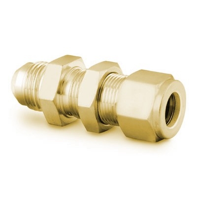 União para Painel em Latão, Extremidades: Conexão Swagelok (Dupla Anilha) para Tubo de 1/4" OD (DE) X Rosca AN (JIC) Macho de 1/4" (vide MS-01-140)