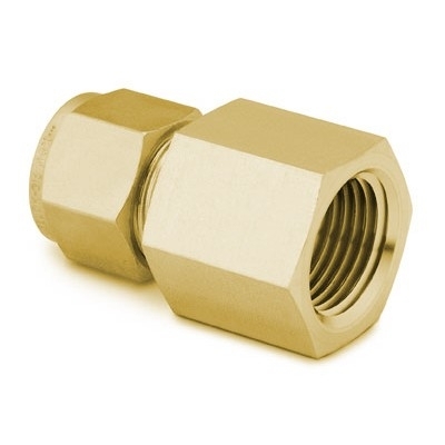 Conexão Femea em Latão, Extremidades: Conexão Swagelok (Dupla Anilha) para Tubo de 1/4" OD (DE) X Rosca NPT Femea de 1/4" (vide MS-01-140)