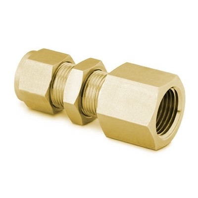 União Femea para Painel em Latão, Extremidades: Conexão Swagelok (Dupla Anilha) para Tubo de 1/4" OD (DE) X Rosca NPT Femea de 1/8" (vide MS-01-140)