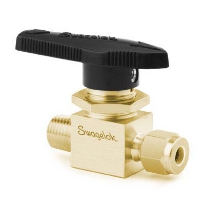 Válvula de Esfera em Latão Série 40, Monobloco, Cv = 1,6, Extremidades: Rosca NPT Macho de 1/4" X Conexão Swagelok (Dupla Anilha) para Tubo de 1/4" OD (DE) (vide MS-02-331)