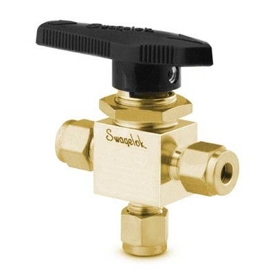 Válvula de Esfera em Latão Série 40, Monobloco, 3-vias, Cv = 0,90, Extremidades: Conexão Swagelok (Dupla Anilha) para Tubo de 6 mm OD (DE) (vide MS-02-331)