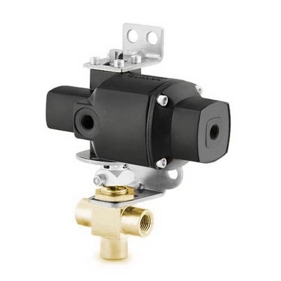 Válvula Esfera de 3 Vias, Série 40, em Latão , Pressão de trabalho de 0 - 1500 psig, Tempertaturas de 10°C a 65°C, Vedação em PTFE, Conexão 1/2" NPT Femea, Montado com Atuador Pneumático tipo Retorno por Mola. ;