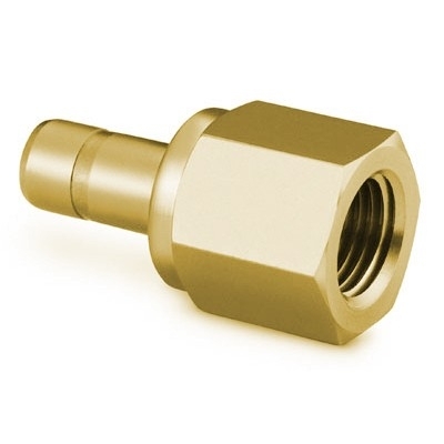 Adaptador Femea para Tubo em Latão Conforme Norma ASTM B16 e B453, Extremidades: Adaptador para Tubo de 6 mm OD (DE) X Rosca NPT Femea de 1/8". Limpeza e Embalagem SC-10 da Swagelok.