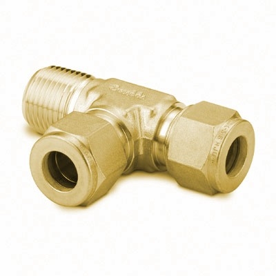 Te Macho Lateral em Latão, Extremidades: Conexão Swagelok (Dupla Anilha) para Tubo de 6 mm OD (DE) X Rosca NPT Macho de 1/4? X Conexão Swagelok (Dupla Anilha) para Tubo de 6 mm OD (DE) (vide MS-01-140)