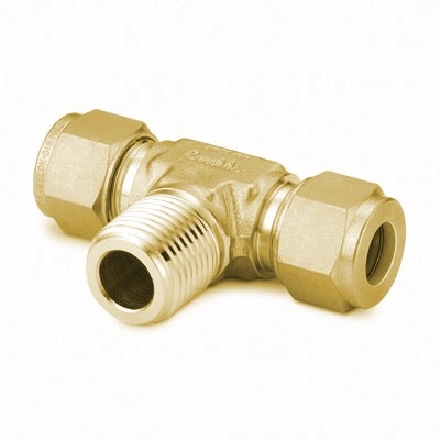 Te Macho Central em Latão, Extremidades: 2 X Conexão Swagelok (Dupla Anilha) para Tubo de 6 mm OD (DE) X Rosca NPT Macho de 1/8? (vide MS-01-140)