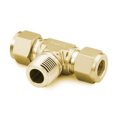 Te Macho Central em Latão, Extremidades: Conexão Swagelok (Dupla Anilha) para Tubo de 3/8" OD (DE) X Conexão Swagelok (Dupla Anilha) para Tubo de 3/8" OD (DE) X Rosca NPT Macho de 1/4" (vide MS-01-140)