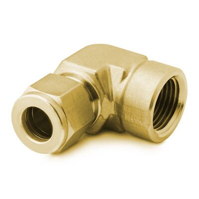 Cotovelo Femea em Latão, Extremidades: Conexão Swagelok (Dupla Anilha) para Tubo de 1/2" OD (DE) X Rosca NPT Femea de 1/2" (vide MS-01-140)