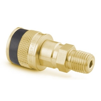 Corpo para engate rápido em latão, Série QC, femea de 1/4" x 1/4" rosca NPT cônica macho, chave na cor preta.