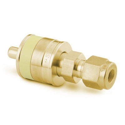 Espiga em Latão sem Retenção do Engate Rápido para Instrumentação Série QC, Extremidade: Conexão Swagelok (Dupla Anilha) para Tubo de 1/4? OD (DE), Luva com Código de Identificação na Cor Amarela, Cv = 0,3 (vide MS-01-138)