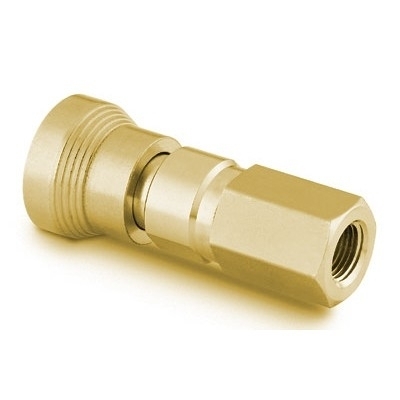 Corpo de Engate Rápido para Instrumentação Série QC8 em Latão C36000 com Extremidades Rosca NPT Femea de 1/2" e Retenção. Pressão de Trabalho de 500 psig (34.4 bar), Temperatura de Trabalho de -17 a 121°C, com Vedação em Buna N. (vide MS-01-138)