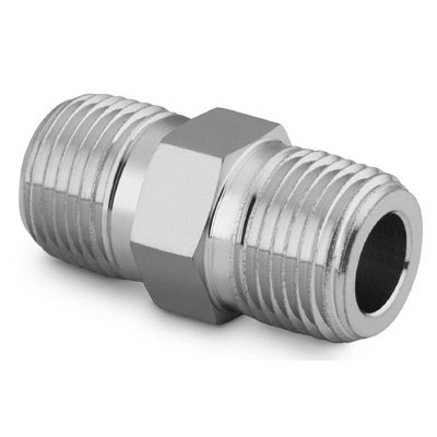Niple Sextavado em Liga Alloy 400 (Monel) Conforme Norma ASTM B164. Extremidades: Rosca NPT Macho de 1/4". Limpeza e Embalagem SC-10 da Swagelok.