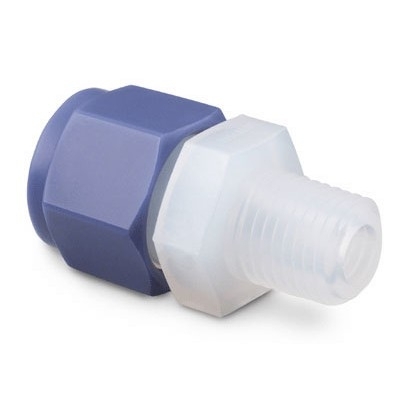 Conexão Macho em PFA, Extremidades: Conexão Swagelok (Dupla Anilha) para Tubo de 1/8" OD (DE) X Rosca NPT Macho de 1/8" (vide MS-01-05)