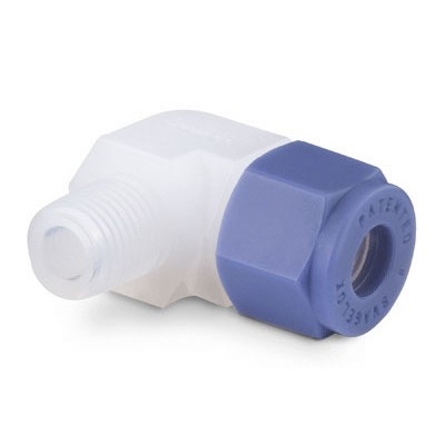 Cotovelo Macho 90º em PFA, Extremidades: Conexão Swagelok (Dupla Anilha) para Tubo de 1/8" OD (DE) X Rosca NPT Macho de 1/8" (vide MS-01-05)