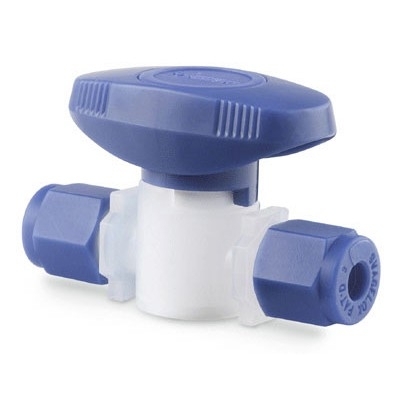 Válvula esfera em PFA Série 43, Extremidades: Conexão Swagelok (Dupla Anilha) para Tubo de 1/4" OD (DE), com suporte para montagem em painel (vide MS-01-56).
