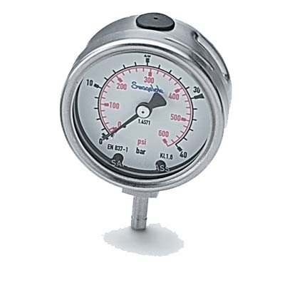 Manômetro com ponteiro ajustável com Mostrador de 63mm (2 1/2") Série B Caixa em Aço inoxidável 304. Lente em vidro de segurança laminado. Faixa do mostrador: Escala primária de 0 a 600 psi (escala secundária: kPa), Temperatura de Trabalho -40 a 60 °