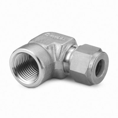 Cotovelo femea em aço carbono, extremidades: 5/8" conexão para tubo x 1/2" rosca NPT cônica femea