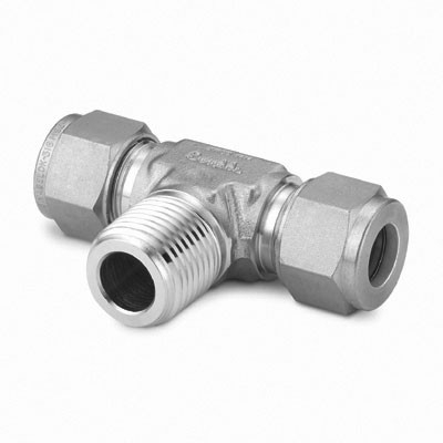 Te Macho Central em Aço Inoxidável 316 Conforme ASTM A182, Extremidades: Conexão Swagelok Laterais (Dupla Anilha) para Tubos de 10 mm OD (DE) x Rosca NPT Macho Central de 1/4", Limpeza e Embalagem SC-10 da Swagelok.