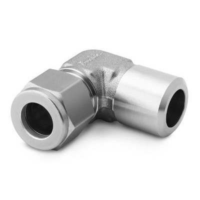 Cotovelo 90° Macho em Aço Inoxidável 316 Conforme ASTM A182, Extremidades: Conexão Swagelok (Dupla Anilha) para Tubos de 3/4" OD (DE) x Conexão Macho para Solda de Topo em Tubo Rígido (MPW) 3/4" DN, Limpeza e Embalagem SC-10 da Swagelok.