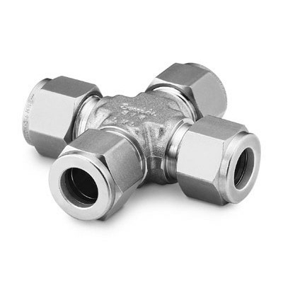 Cruzeta União em Aço Inoxidável 316 Conforme ASTM A182, Extremidades: Conexão Swagelok (Dupla Anilha) para Tubos de 3/4" OD (DE), Limpeza e Embalagem SC-10 da Swagelok.