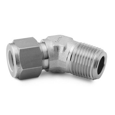 Cotovelo de 45° macho em aço inox, extremidades: 3/4" conexão para tubo x 3/4" rosca NPT cônica mach