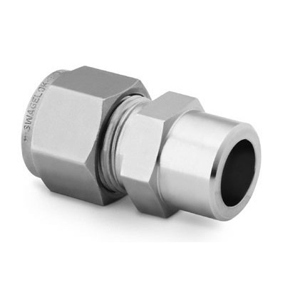 União para Solda em Aço Inoxidável 316 Conforme ASTM A276, Extremidades: Conexão Swagelok (Dupla Anilha) para Tubos de 3/4" OD (DE) x Conexão Femea para Solda de Encaixe em Tubo Rígido (TSW) 3/4" DN, Limpeza e Embalagem SC-10 da Swagelok.
