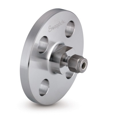 Flange Adaptador Usinado a partir de Corpo Monobloco Forjado em Aço Inoxidável 316 Conforme Norma ASTM A182, Extremidades: Conexão Swagelok (Dupla Anilha) para Tubos de 12 mm OD (DE) x Flange (RF) de Tamanho Nominal ANSI NPS de 1" e Classe de Pressão