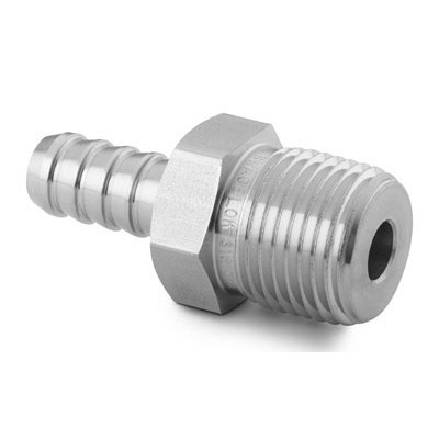 Adaptador para Mangueira em Aço Inoxidável 316 Conforme Norma ASTM A276, Extremidades: Espiga Macho para Mangueira de 1" ID (DI) x Rosca NPT Macho de 3/4", Limpeza e Embalagem SC-10 da Swagelok.