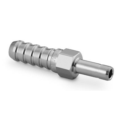 Adaptador para Mangueira em Aço Inoxidável 316 Conforme Norma ASTM A276, Extremidades: Espiga Macho para Mangueira de 1" ID (DI) x Ponta Lisa Swagelok (Tube Adapter) de 1" OD (DE), Limpeza e Embalagem SC-10 da Swagelok.