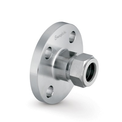 Flange Adaptador Usinado a partir de Corpo Monobloco Forjado em Aço Inoxidável 316 Conforme Norma ASTM A182, Extremidades: Conexão Swagelok (Dupla Anilha) para Tubos de 1" OD (DE) x Flange (RF) de Tamanho Nominal ANSI NPS de 1" e Classe de Pressão No