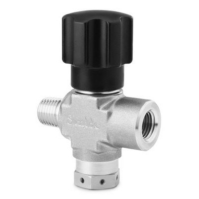 Válvula Agulha em Aço Inoxidável Série D, Castelo Integral e Haste Não-Rotativa, Cv = 0,53, Extremidades: Rosca NPT Macho de 1/4? X Rosca NPT Femea de 1/4? com Disco de Ruptura em 2850 psig (196 bar) (vide MS-01-42)