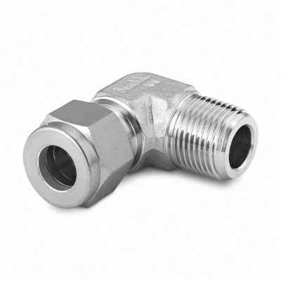 Cotovelo 90° Macho em Aço Inoxidável 316 Conforme ASTM A182, Extremidades: Conexão Swagelok (Dupla Anilha) para Tubos de 18 mm OD (DE) x Rosca BSP Macho Cônica (RT) de 1/2", Limpeza e Embalagem SC-10 da Swagelok.