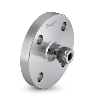 Flange Adaptador Usinado a Partir de Corpo Monobloco Forjado em Aço Inoxidável 316 Conforme Norma ASTM A182, Extremidades: Conexão Swagelok (Dupla Anilha) para Tubos de 18 mm OD (DE) x Flange DIN de Tamanho Nominal DN 25, Classe de Pressão PN 40, Fac