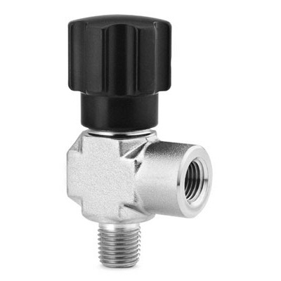 Válvula Agulha de Castelo Integral em Ângulo, 2 Vias, Série 1, em Aço Inoxidável 316 Conforme Norma ASTM A182. Haste Ascendente em Aço Inoxidável 316 Conforme Norma ASTM A276, Rosca Interna, com Ponta Rotativa Tipo Regulagem. Pressão de Trabalho de 5