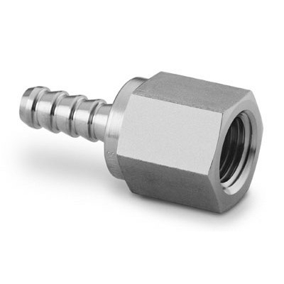 Adaptador para Mangueira em Aço Inoxidável 316 Conforme Norma ASTM A276, Extremidades: Espiga Macho para Mangueira de 1/8" ID (DI) x Rosca NPT Femea de 1/4", Limpeza e Embalagem SC-10 da Swagelok.