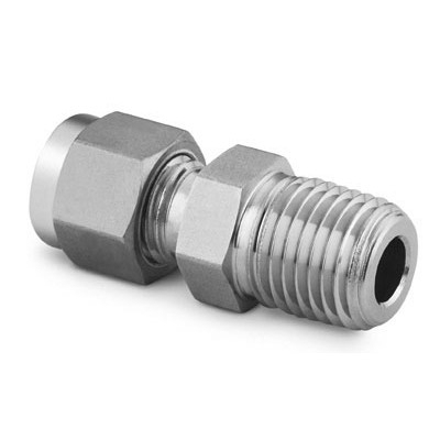Conector Macho com Furo Passante em Aço Inoxidável 316 Conforme ASTM A276, Extremidades: Conexão Swagelok (Dupla Anilha) para Tubos de 1.1/4" OD (DE) x Rosca NPT Macho de 1.1/4", Limpeza e Embalagem SC-10 da Swagelok.